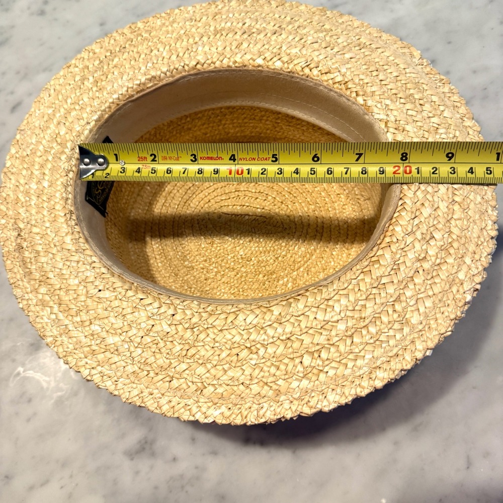 Scala Classica Natural Straw Boater Hat Navy Red Ribbon Bow Skimmer Handmade - Picture 3 of 8